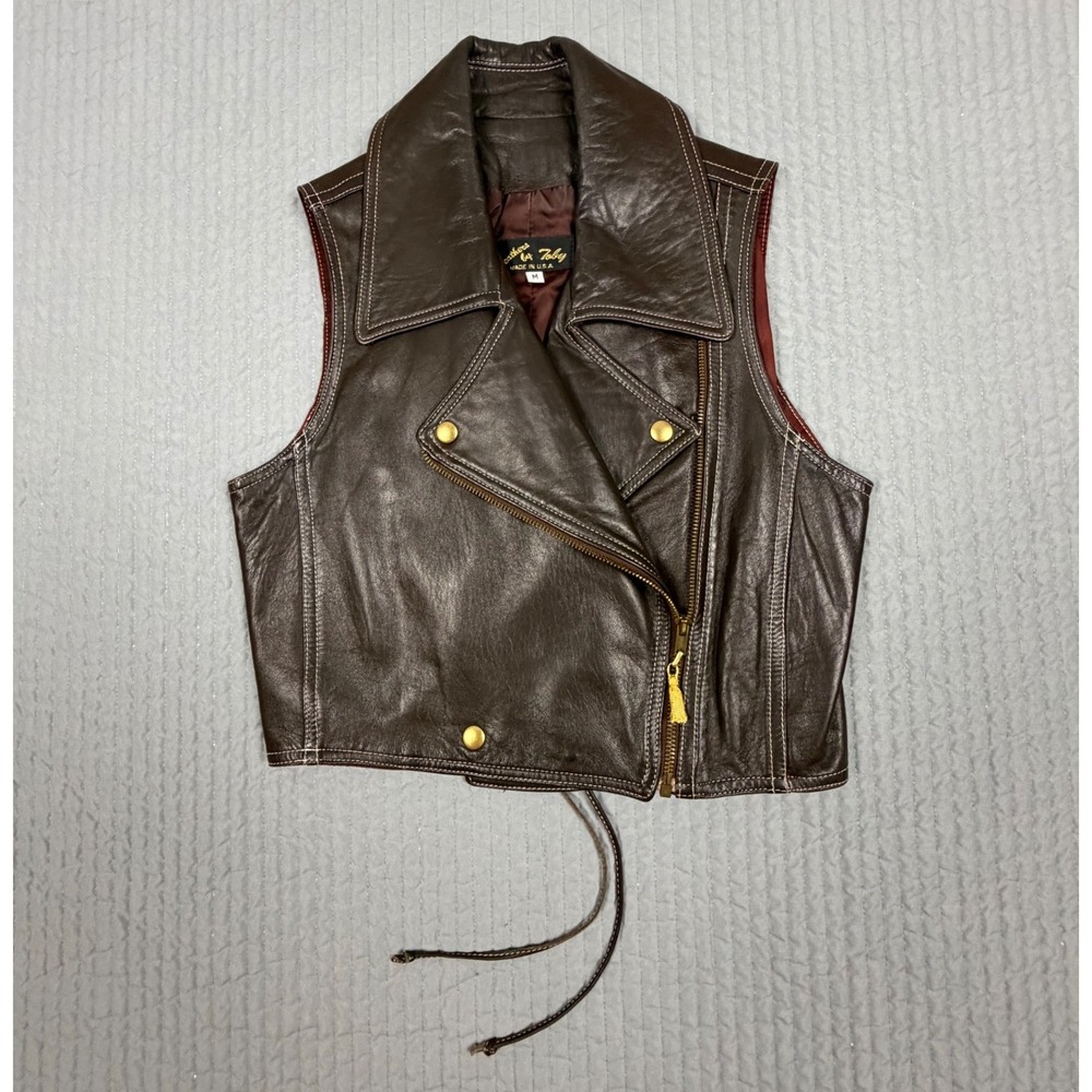 Leathers by Toby Vintage Brown Leather Biker Vest Lace Up Back USA Made Womens M